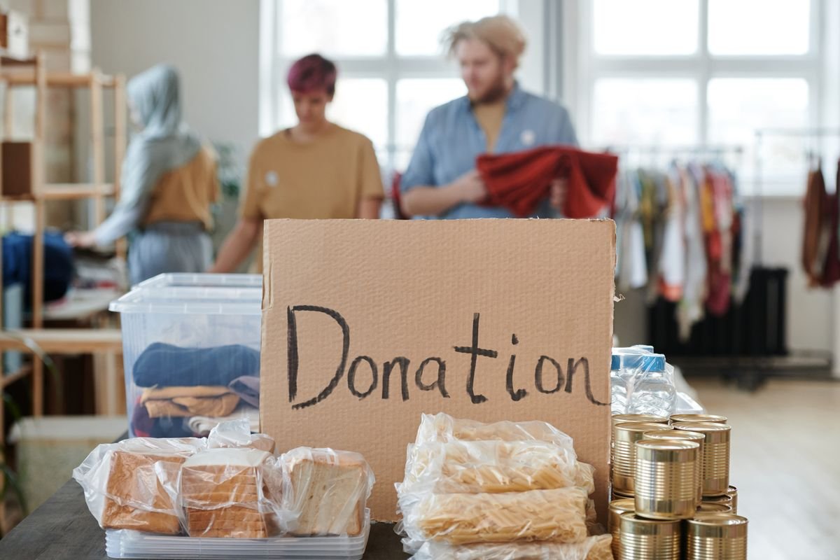 Donated goods sorted for reuse — food, clothing, and household items