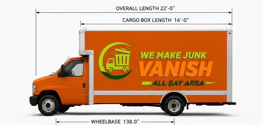 We Make Junk Vanish truck with dimensions labeled — 22 foot overall length, 16 foot cargo box